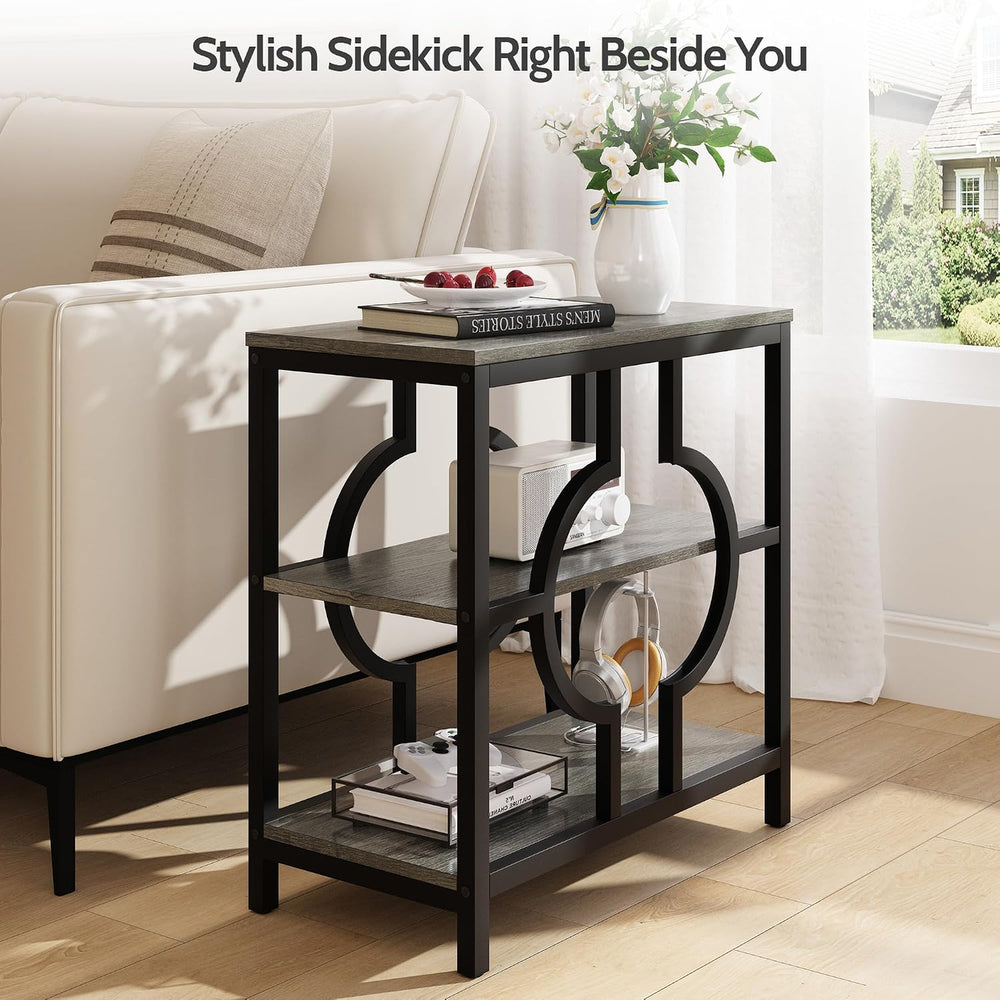 End Table, Narrow Side Table with 3-Tier Storage Shelves, Wood Sofa Side Tabl...