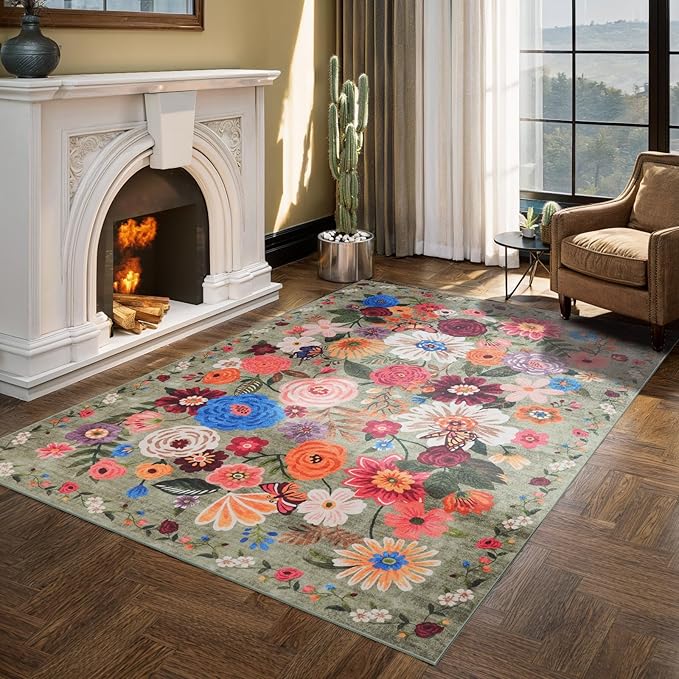 Floral Washable 6x9 Area Rugs Green, Soft Bedroom Rug - Image 6