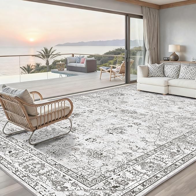 Grey White Area Rugs 10x14 Living Room, Non Slip Machine Washable Floral Rugs - Image 8