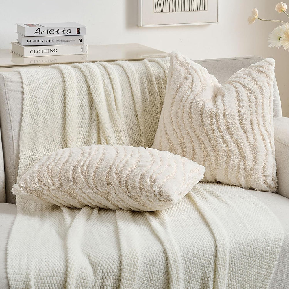 Pack of 2 Faux Fur Throw Pillow Covers 20x20 Inch, Cream