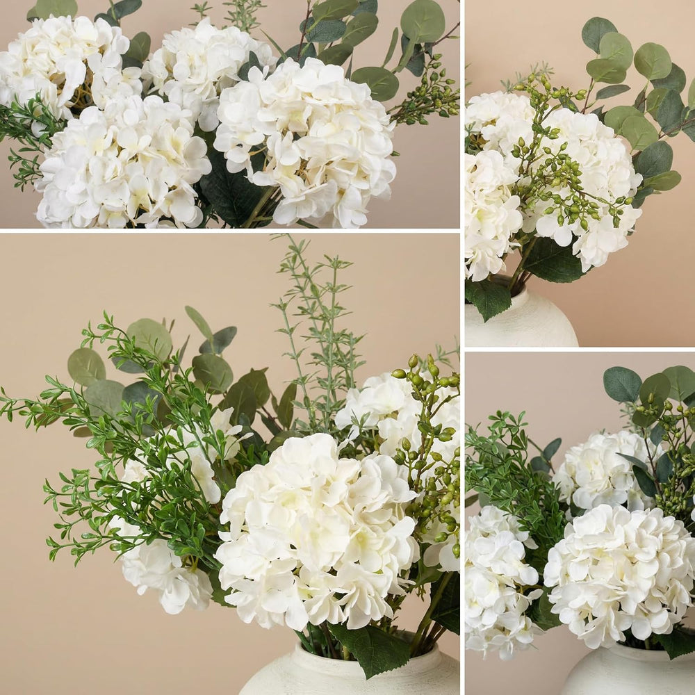 Faux Arrangement - Eucalyptus & White Hydrangea Flowers, Large Artificial...