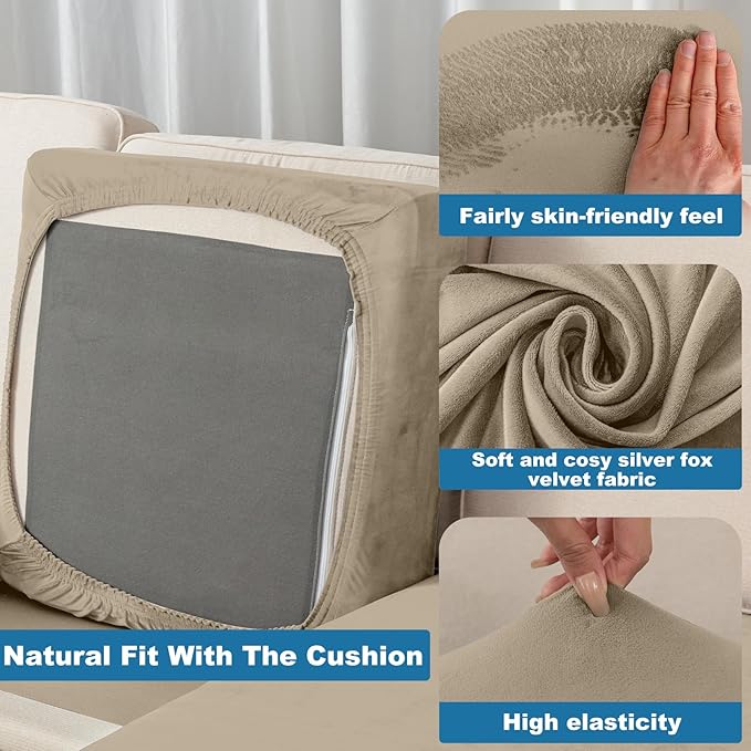 Couch Cover 4-Piece Elastic Velvet Couch Cushion Covers & Chaise Slipcovers - Image 4