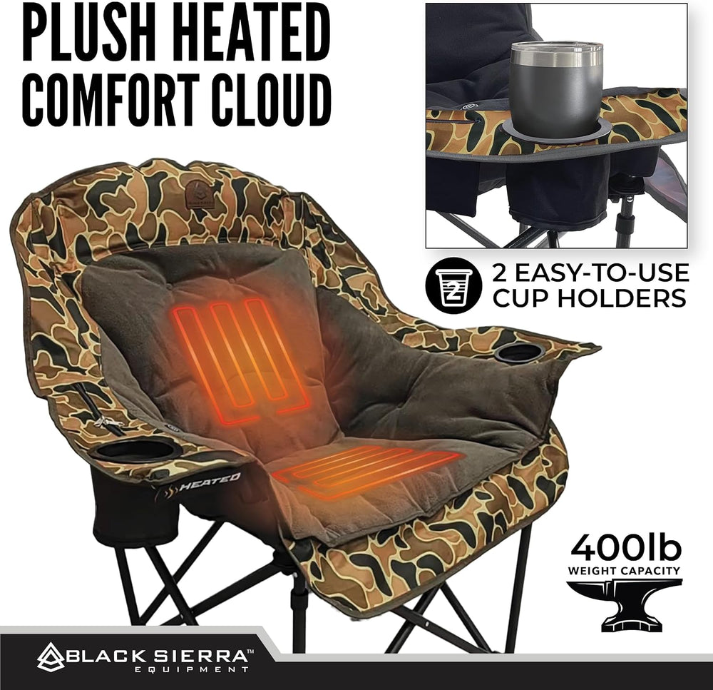 Black Sierra Heated Plush Fleece XL Padded Camping Chair for Adults, Oversize...