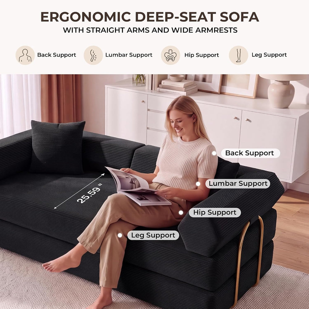 79" Convertible Futon Sofa Bed, Boneless Couch for Living Room | Black