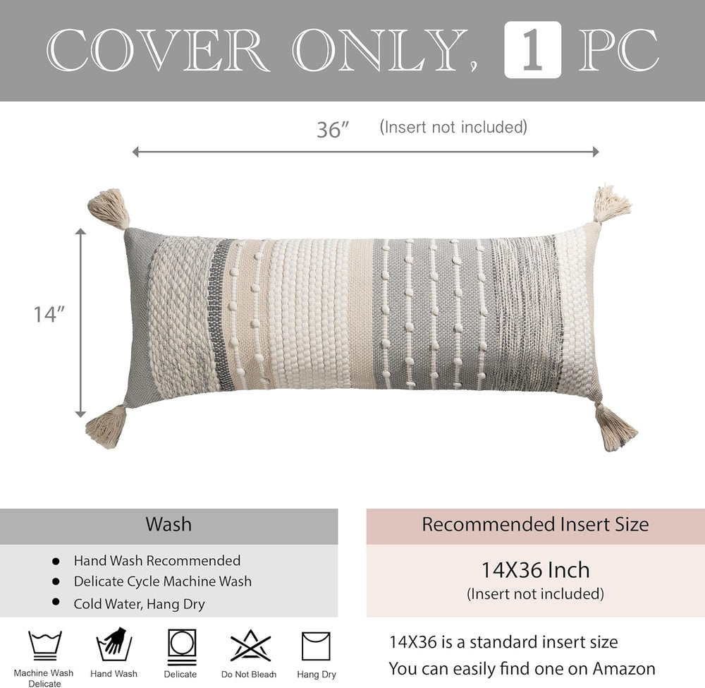 BlissBlush Gray Boho Lumbar Throw Pillow Cover 14x36 Grey Accent Long Body Lu...