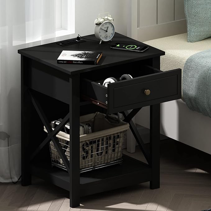 Treocho Black End Table Set of 2,Nightstand with Charging Station, X-Design S...