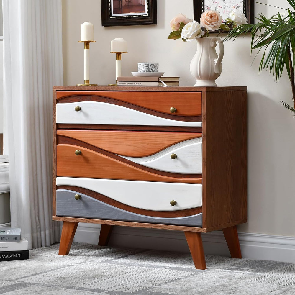 3-Drawer Dresser with Sculpted Wave Fronts, Tri-Color Drawer Design, Modern C...
