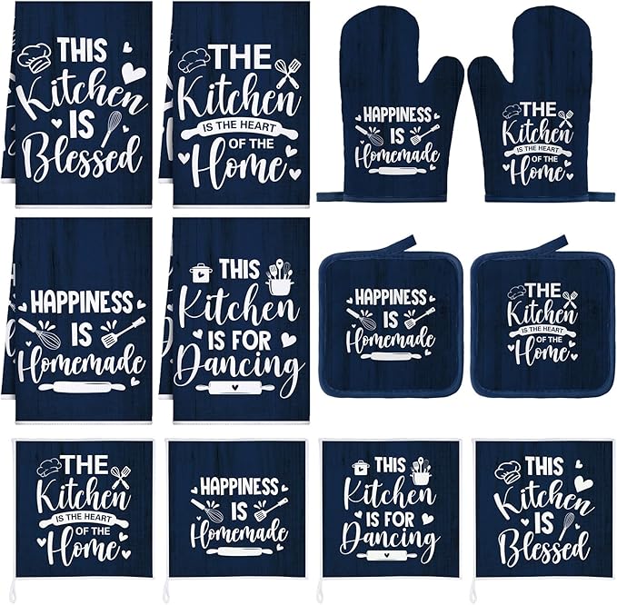12 Pcs Farmhouse Kitchen Decor Sets 4 Blue Kitchen Hand Towels 4 Dish Clothes 2 by Bencailor