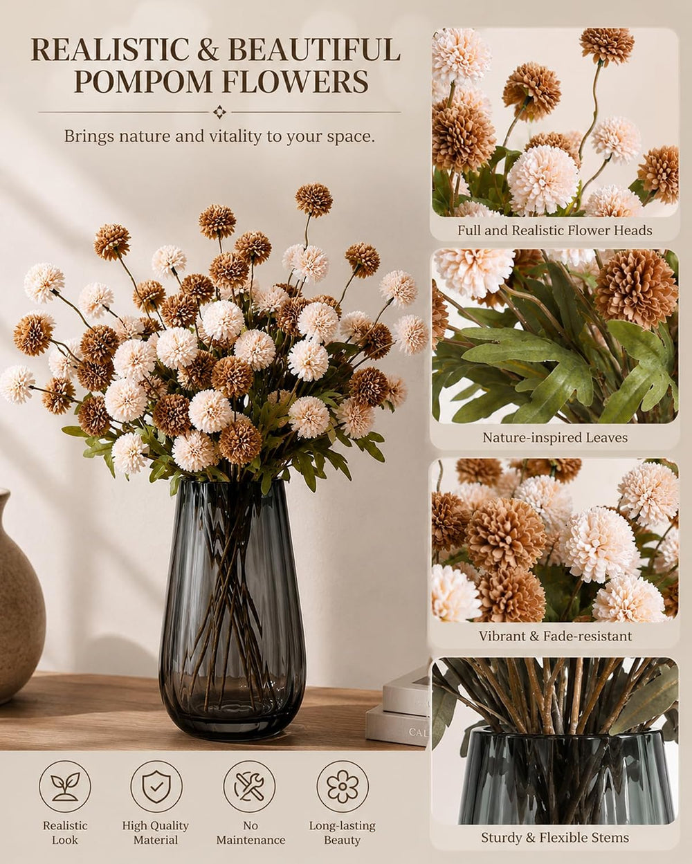 Brown Neutral Fall Decor with Vase, Artificial Chrysanthemums for Indoors