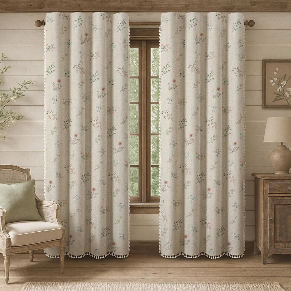 Boho Floral 100% Blackout Curtains 90 Inch 2 Panels Linen Texture
