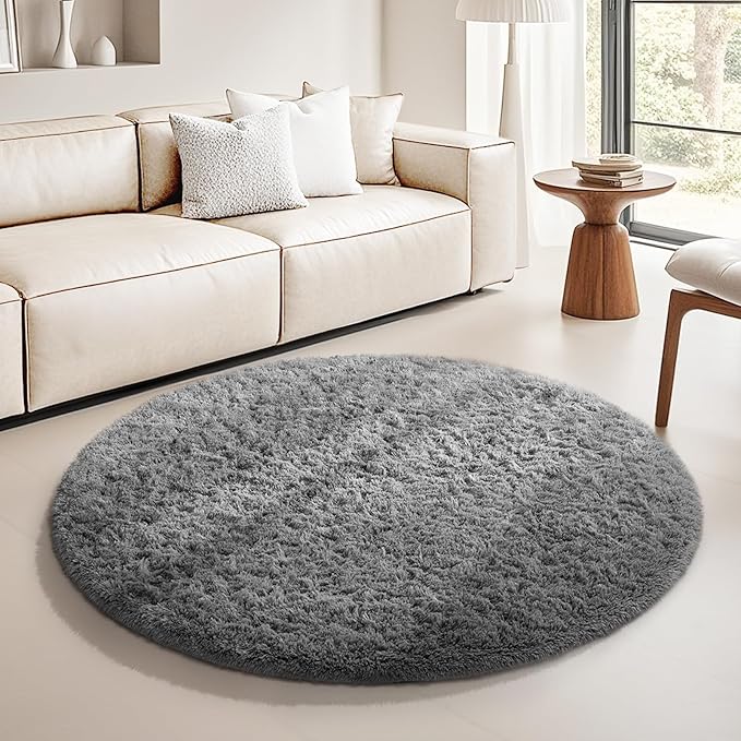 Ophanie Round Rug 5Ft Grey Circle Area Rugs, Fluffy Fuzzy Bedroom Carpet 5 Foot by Ophanie