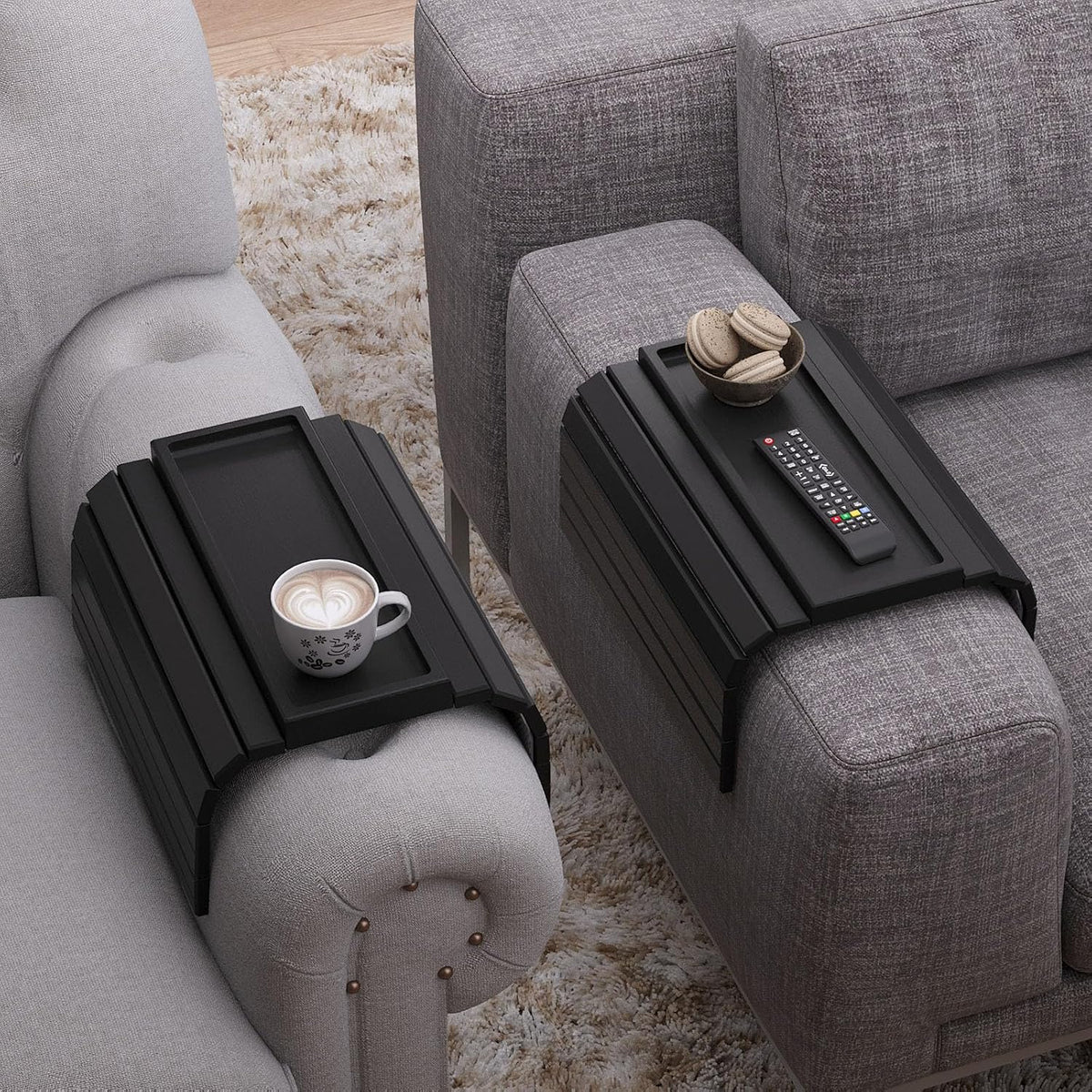 2 Pack Bamboo Folding Sofa Arm Tray with Anti-Slip Pad (Black) | Couch Armrest Tray,Foldable, Space-Saving Storage, No Assembly, universal arm fit,Gift box