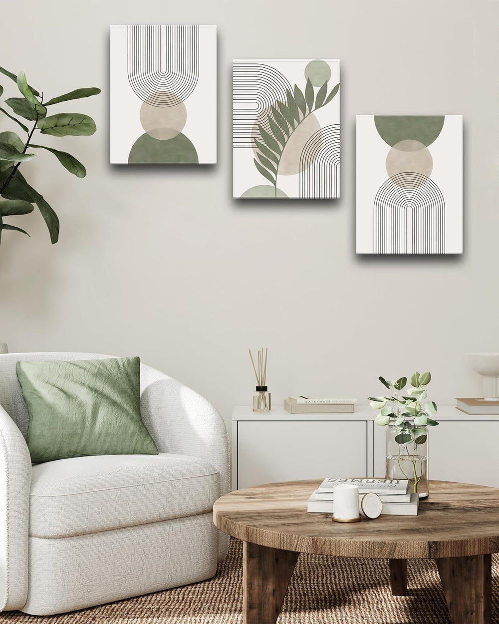 30x40CM Sage Green Boho Wall Art,Framed Canvas Bathroom Wall Art Pictures, Mi...