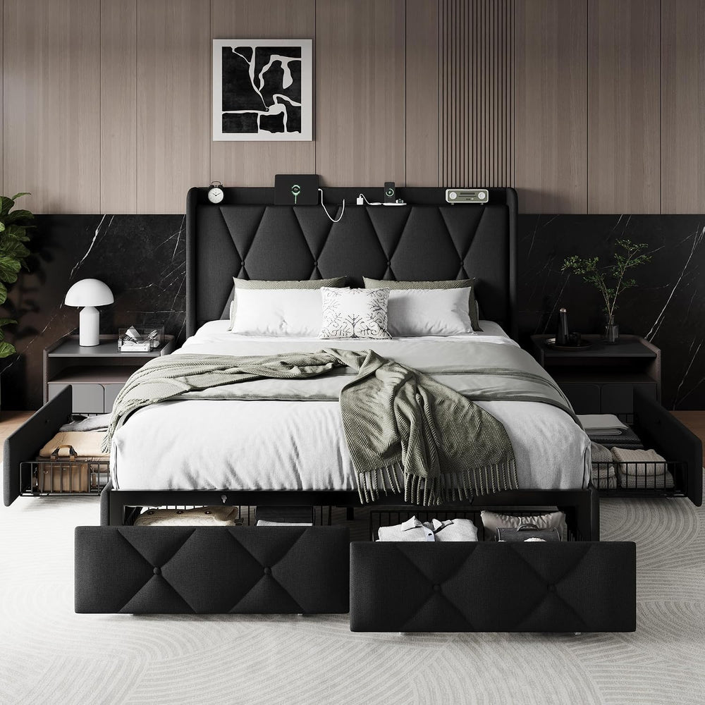 Einhomn Full Size Bed Frame with 4 Storage Drawers and Charging Station, Upho...