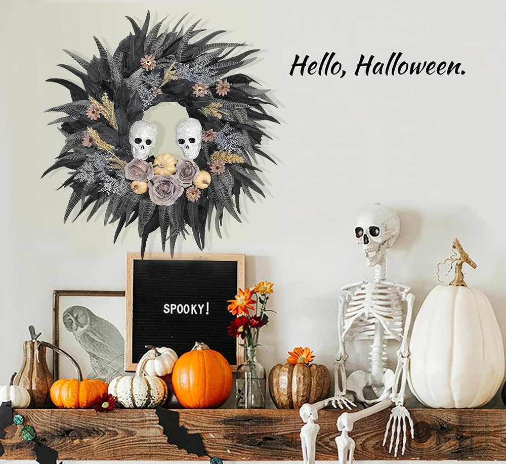 24" Halloween Wreath with 2 Skulls, 3 Pumpkins and Withered Roses