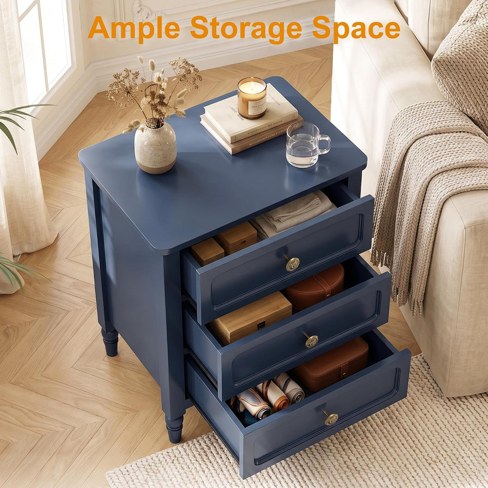 RoyalCraft Nightstand with 3 Drawers, Blue Wood Night Stand for Bedroom