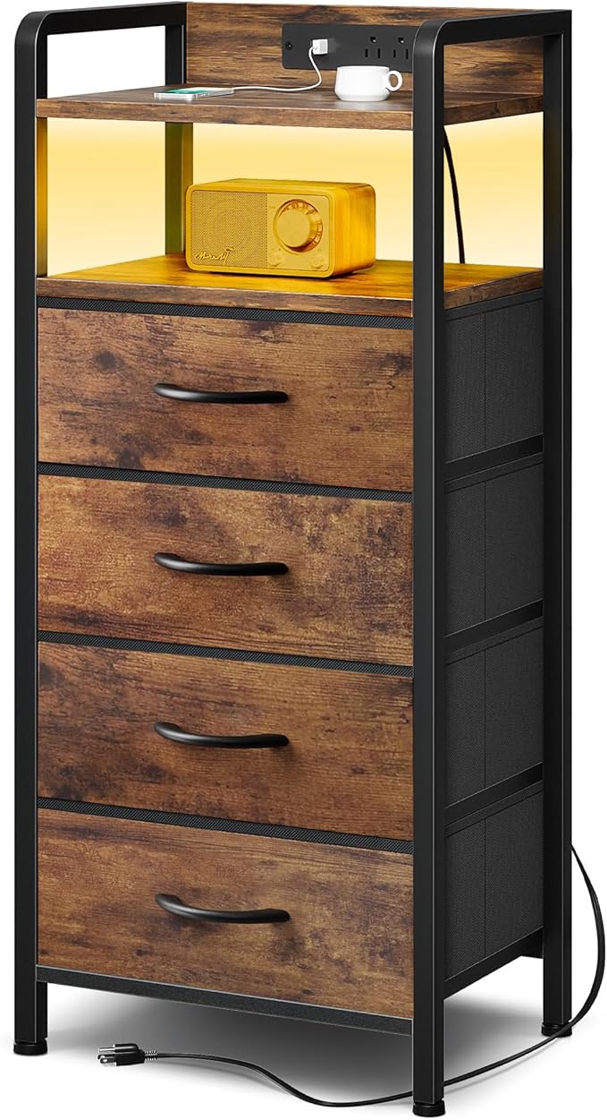 Night Stand Bedside Table Bedroom - Tall Nightstand with Charging Station &am...