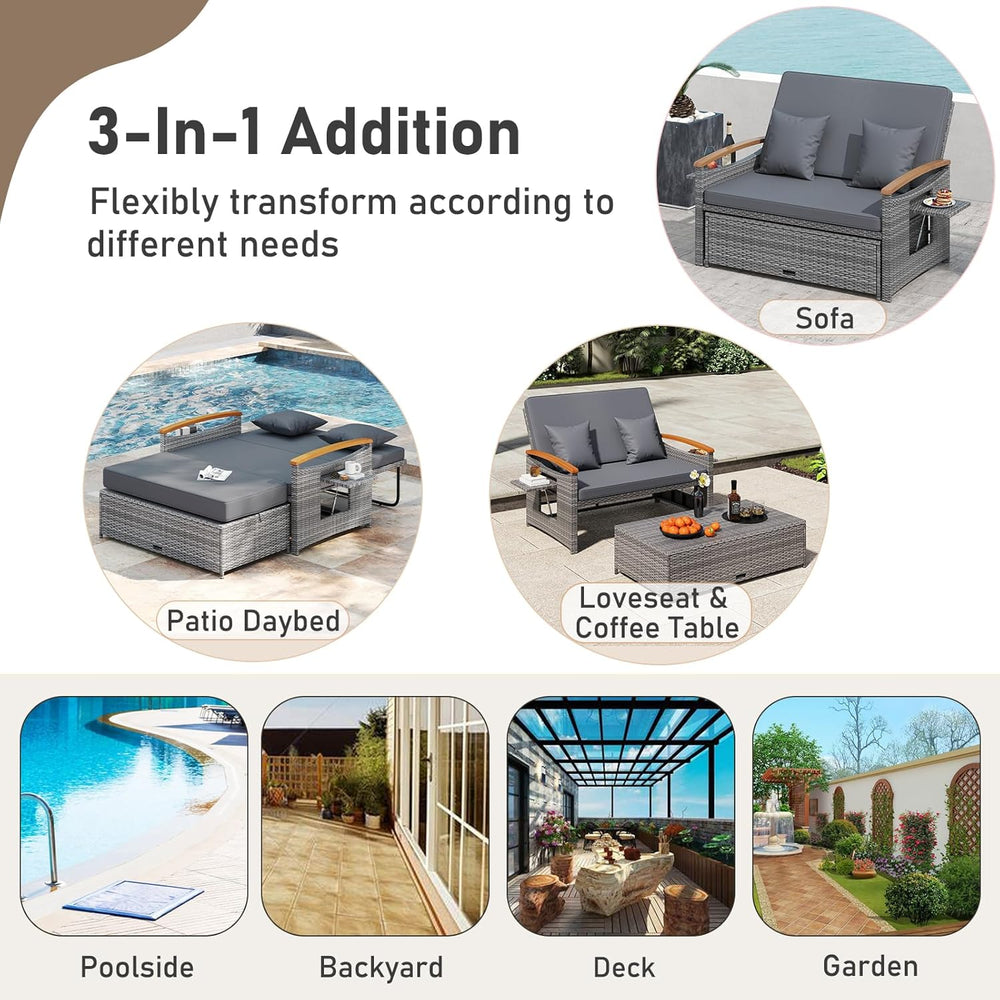 LDAILY Moccha Outdoor Wicker Daybed, Patio Rattan Loveseat Sofa w/ 4-Level Ad...