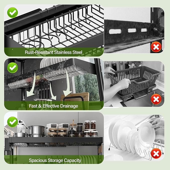Over Sink Dish Drying Rack, 3-Tier Full Stainless Steel Drainer Dish Rack - Image 5