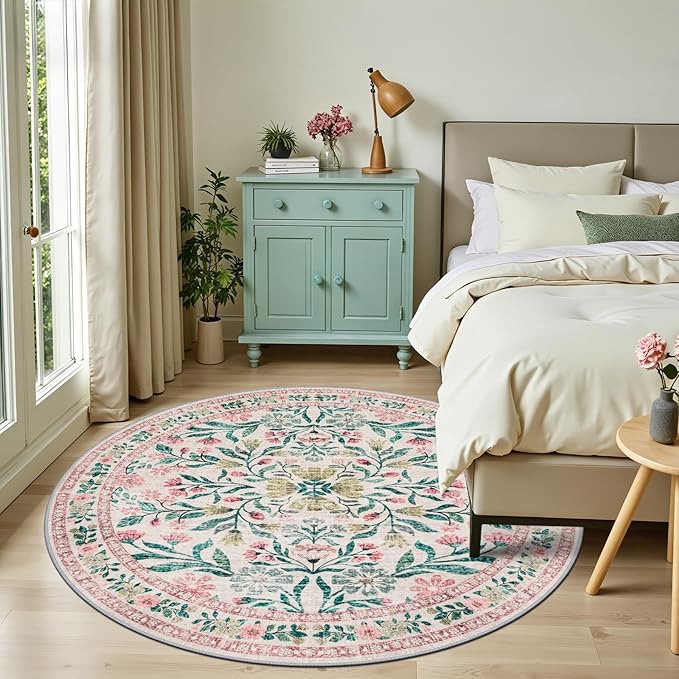Round Area Rug for Living Room: 6 ft Floral Washable Circle Rug Soft Boho