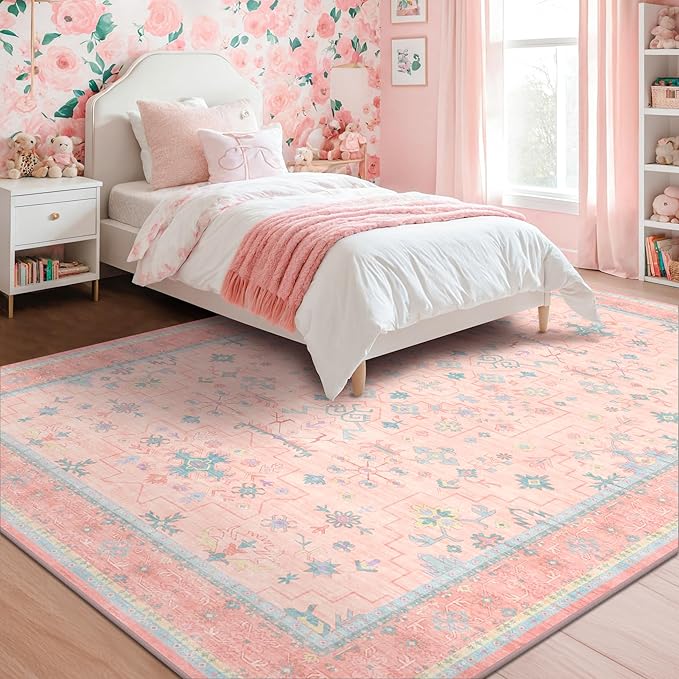 Hazo Haus Pink and Blue Washable 5x8 Living Room Rugs, Boho Aethestic Oushak by HazoHaus