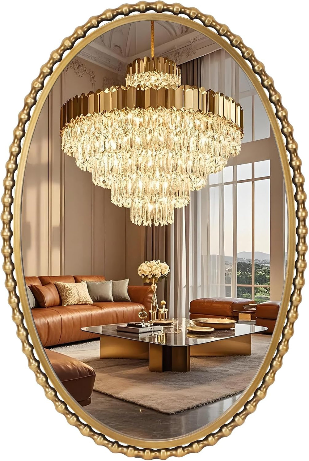 24"x36" Oval Wall Mirror, Antique Gold Bold Beaded Frame