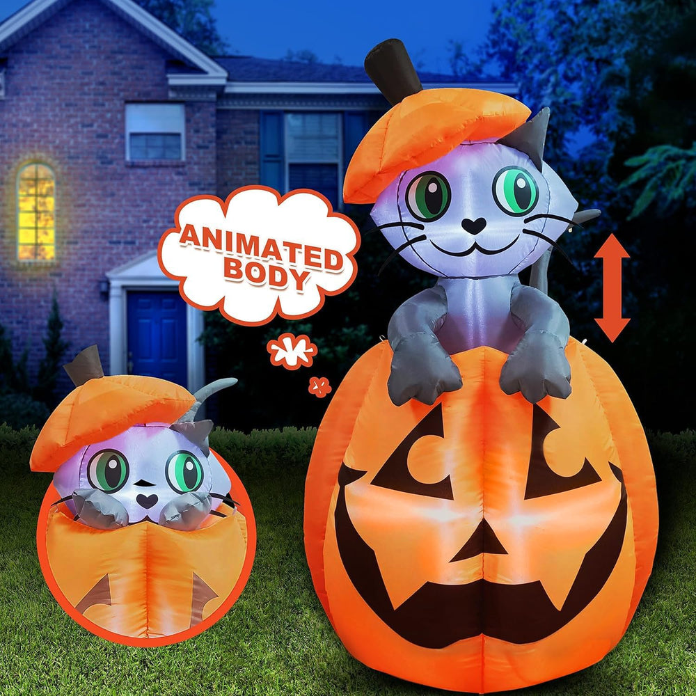 Joiedomi 5 FT Animated Pumpkin Inflatables, Outdoor Blow Up Cat On Pumpkin wi...