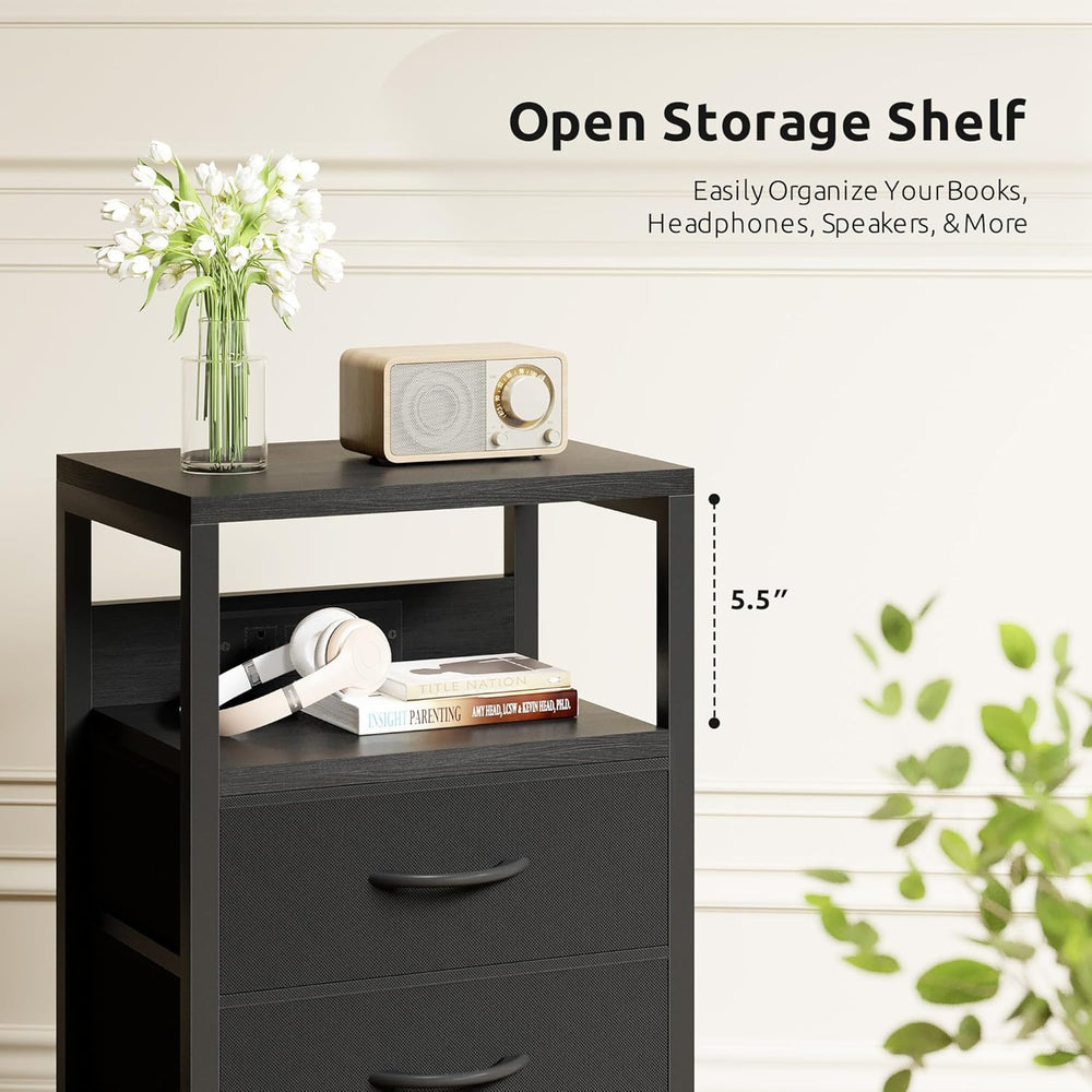 Lazzanto Night Stand with Charger Station for Bedroom, Black Nightstand | Bed...