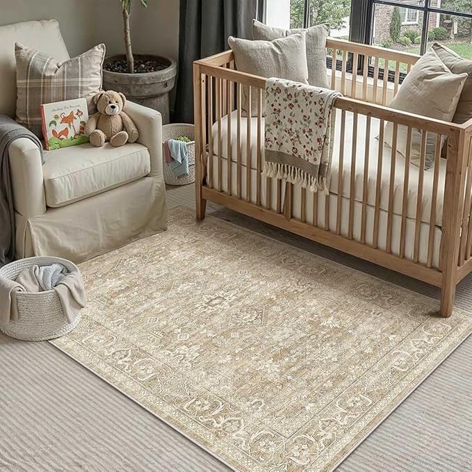 3x5 Washable Area Rug for Entryway Vintage Beige Non Slip Low Pile Carpet - Image 3