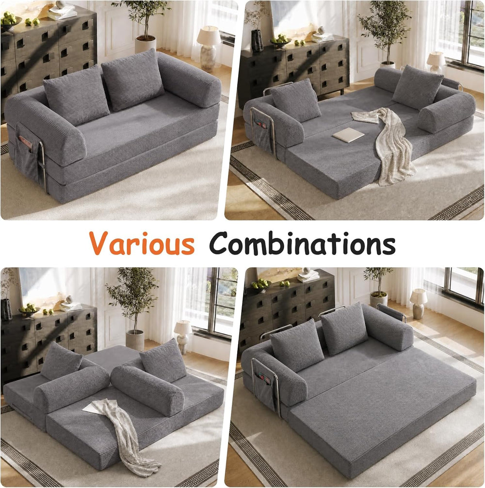 78" Convertible Sofa Bed, Corduroy Pull Out Couch with Fixed Frame &...