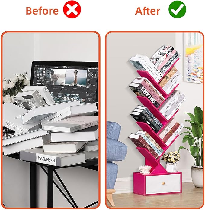 8 Tier Tree Bookshelf with Drawer, Free Standing Wood Bookcase for Narrow Spa...