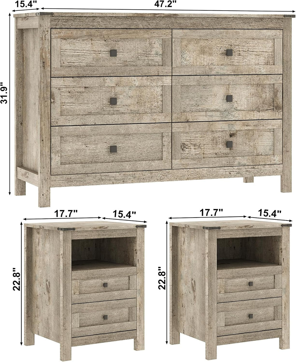 EazeHome 3 Piece Bedroom Furniture Set, Farmhouse 6 Drawer Dresser and 2 Draw...