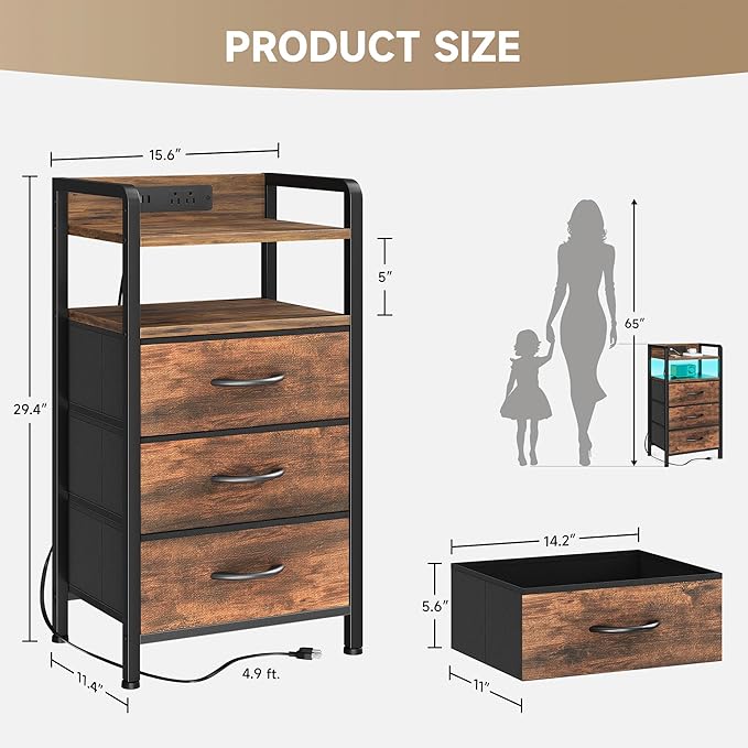 Night Stand Bedside Table Bedroom - Tall Nightstand with Charging Station &am...