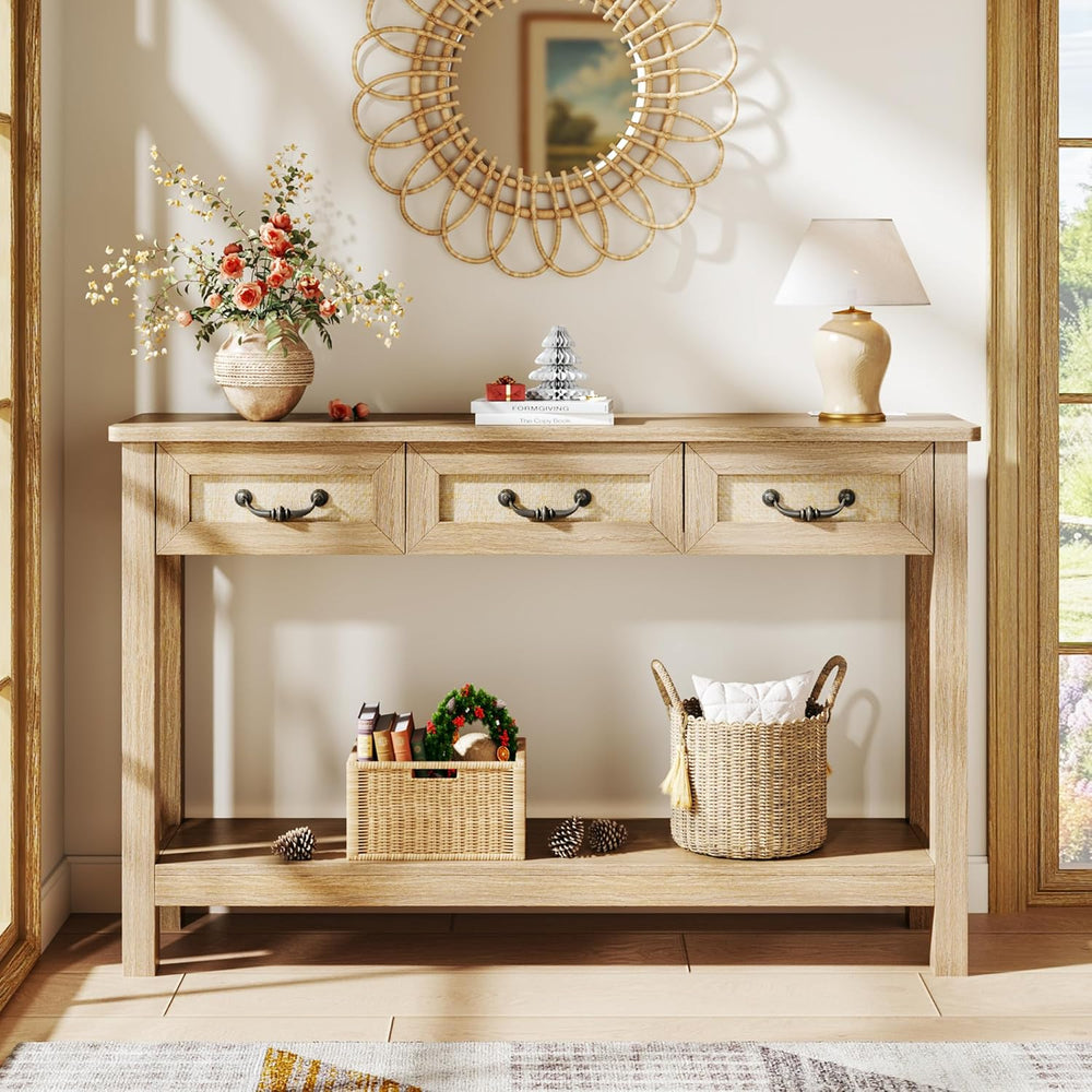 HUAHUU 47.2" Console Table with 3 Rattan Drawers, Long Sofa Table with S...