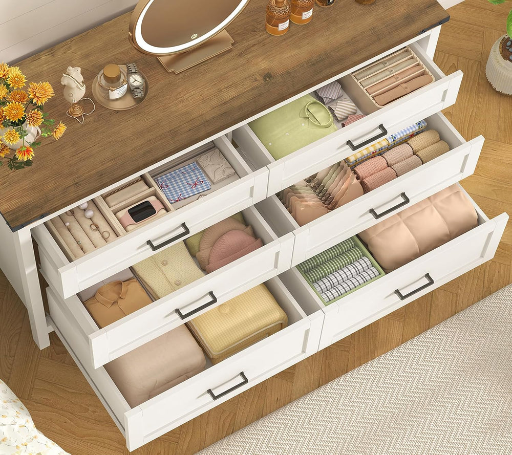 TEENFON 47.2" Dresser for Bedroom, White 6 Drawer Dresser with Metal Han...