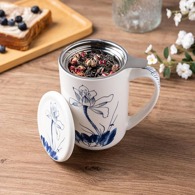 AmorArc Porcelain Tea Mug with Infuser and Lids, 18 Oz Large Cup Strainer with - Image 2