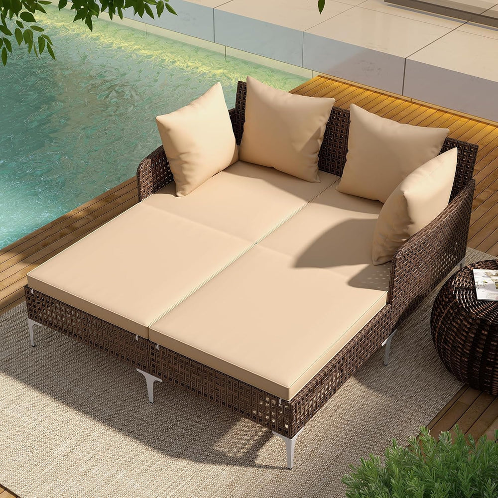 Tangkula Outdoor Rattan Double Daybed, Boho Wicker Chaise Lounge for 2 with S...