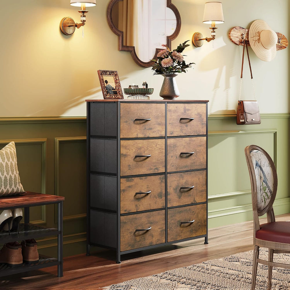 WLIVE 8 Drawer Fabric Dresser for Bedroom, Tall Storage Tower, Rustic Brown