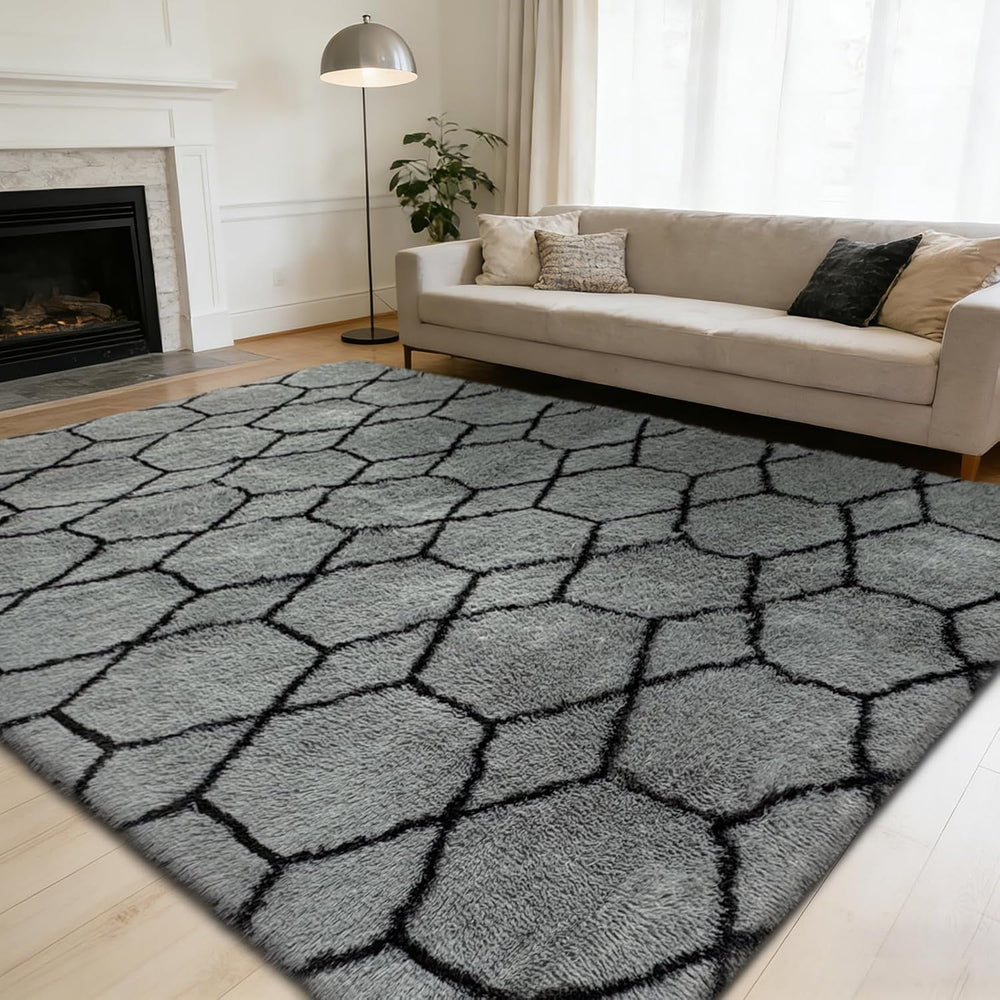 8x10 Fluffy Area Rugs for Living Room,Grey and Black Shag Rug for Bedroom