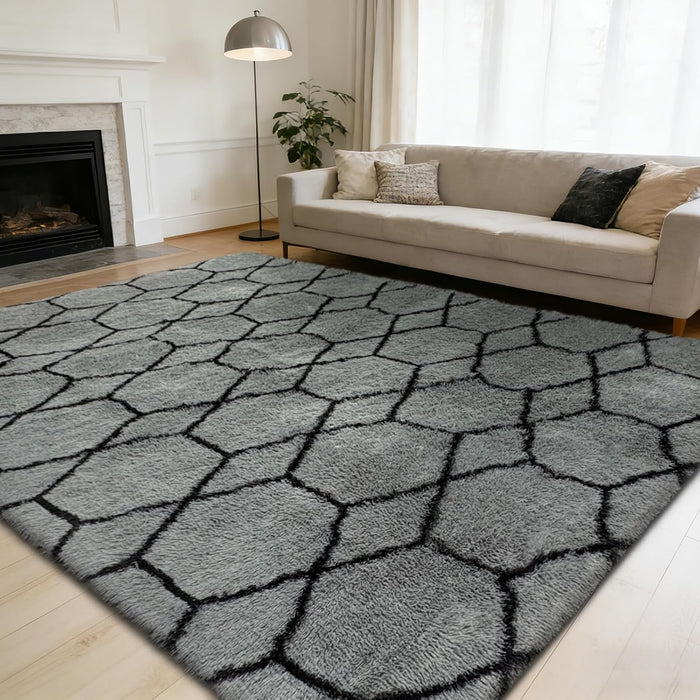 8x10 Fluffy Area Rugs for Living Room,Grey and Black Shag Rug for Bedroom