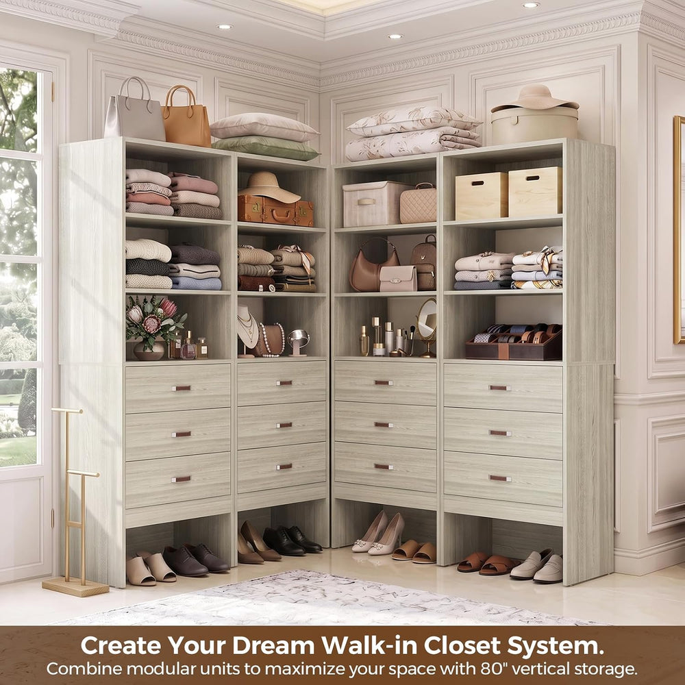 Freestanding 7FT Closet System with Leather Handles Set of 4 White Oak