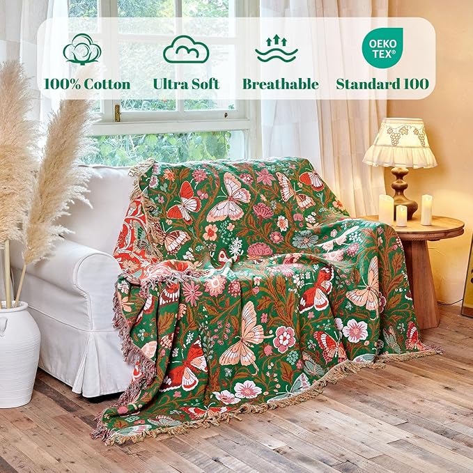 MSGKV Boho Throw Blanket for Couch 50"x60" Butterfly Floral 100% Cotton Blanket - Image 2
