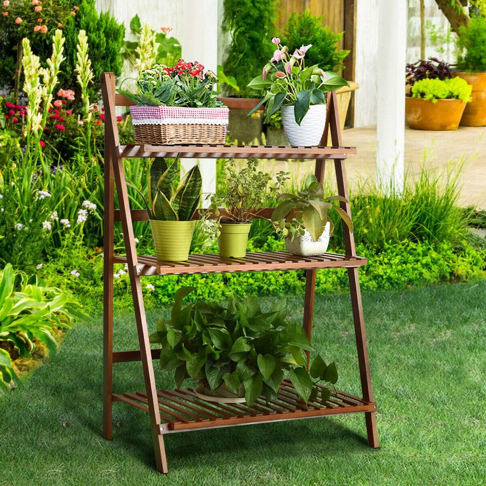 COSTWAY Bamboo Plant Stand, Foldable Multifunctional Flower Display Ladder Sh...
