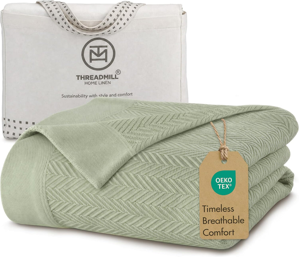 Threadmill Luxury 100% Cotton Queen Herringbone Blanket, Sage Green