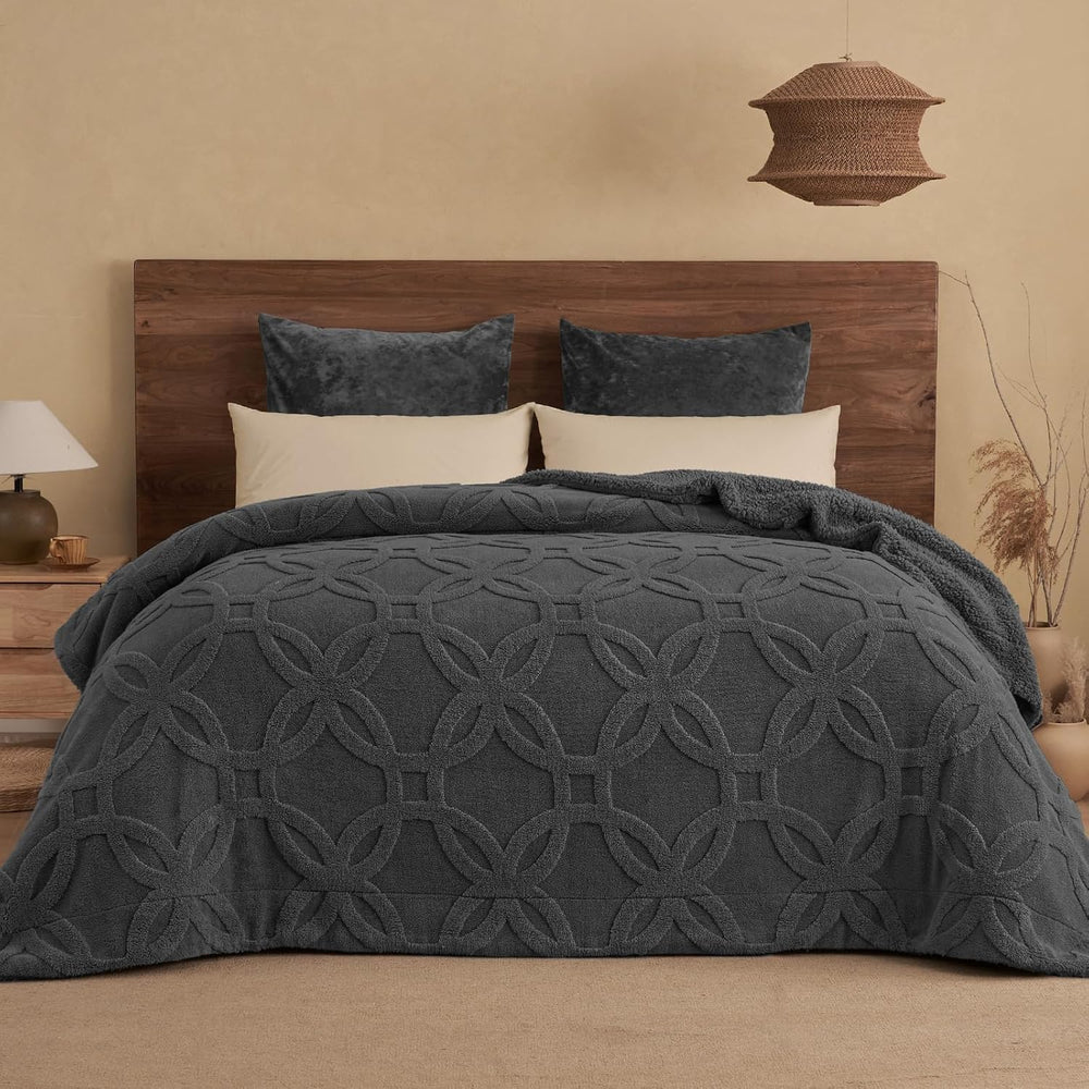 PHF Soft Sherpa Fleece Blanket Queen, Tufted Jacquard, 01-Dark Grey