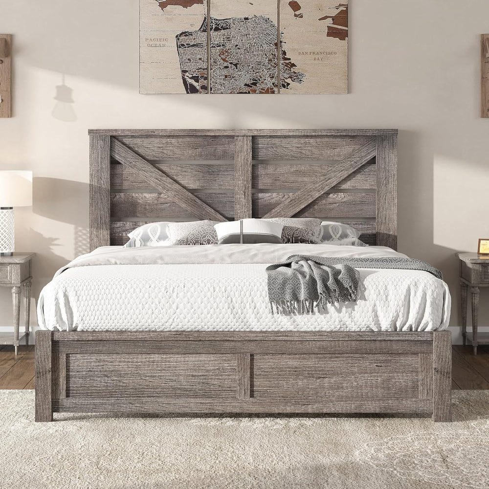AMERLIFE Farmhouse Full Size Bed Frame with 49.2" Barn Door Headboard, Gray