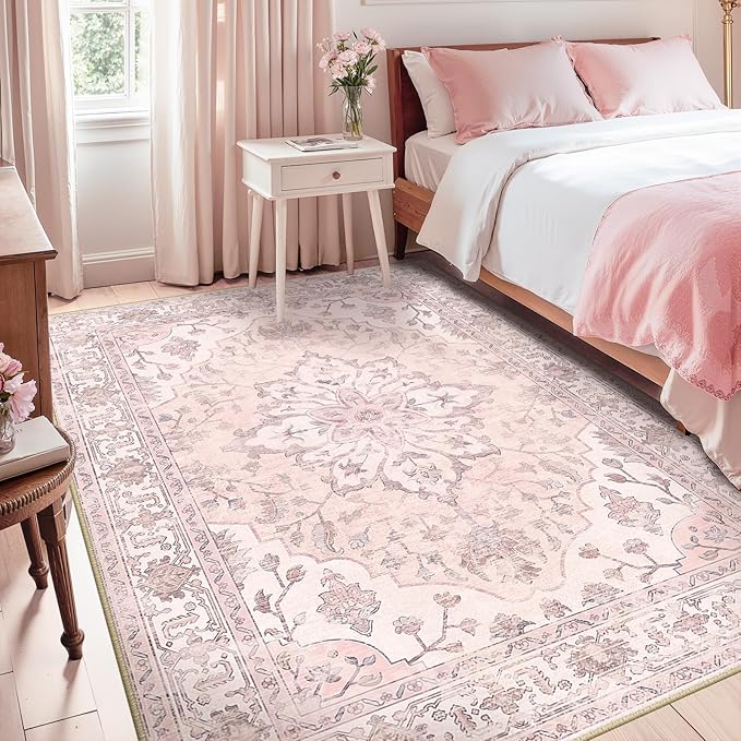 Area Rugs 5'x7' Washable Non-Slip, Floral Vintage Distress Print Pattern - Image 2