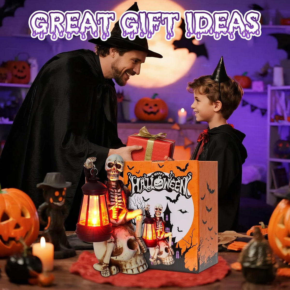 Solar Halloween Decorations Outdoor, Skeleton Figurine on Skull Statue