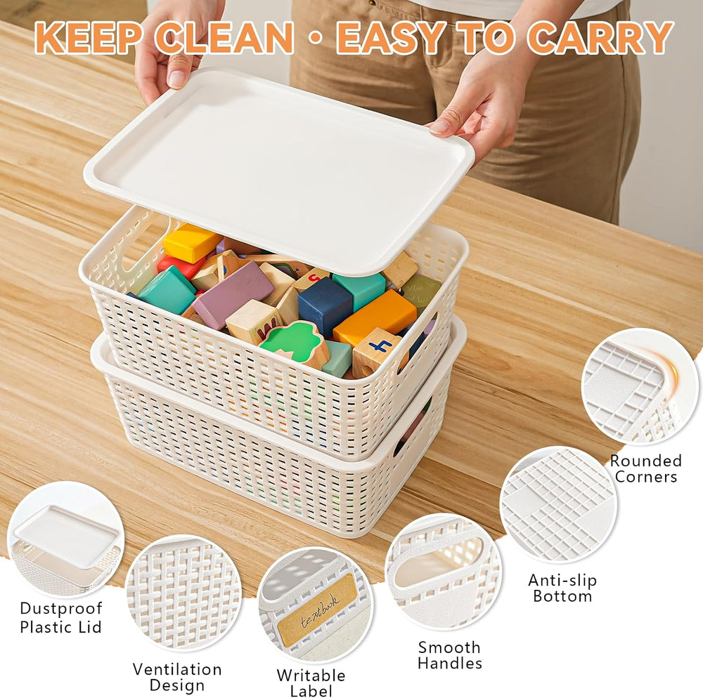 10 Pack Small Plastic Storage Bins with Lids, Stackable Plastic Storage Baske...