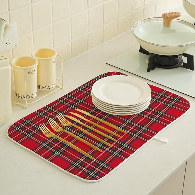 Christmas Dish Drying Mat 18 x 24 inch Red Buffalo Plaid Decorative Drying Mats - Image 4